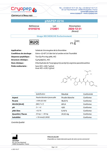 Certificat d'analyses pNAPEP-0216 Substrat Chromogéne de la Thrombine FIIa